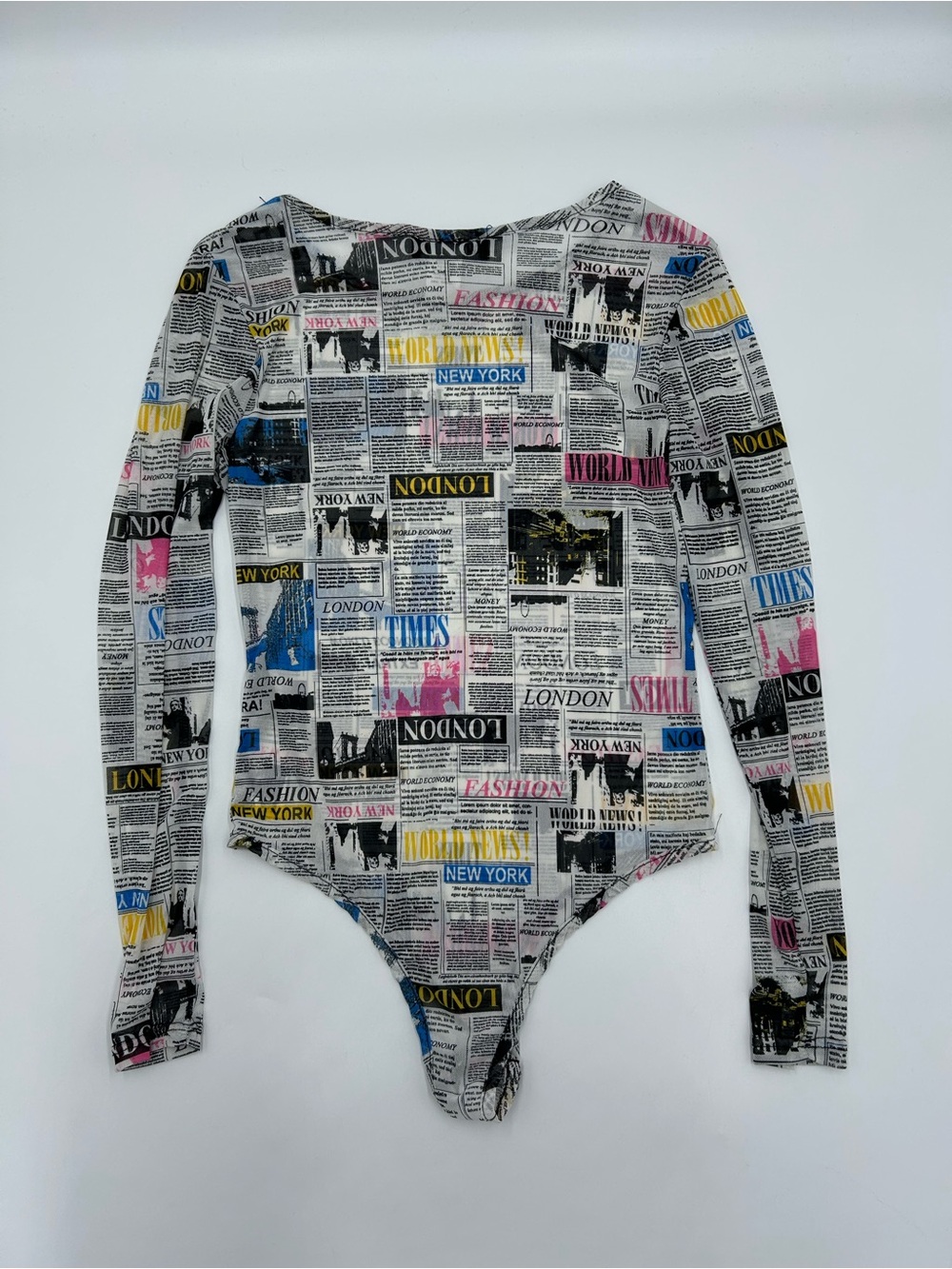 Newspaper Print Long-Sleeve Sheer Women’s Bodysuit M - Picture 7 of 7